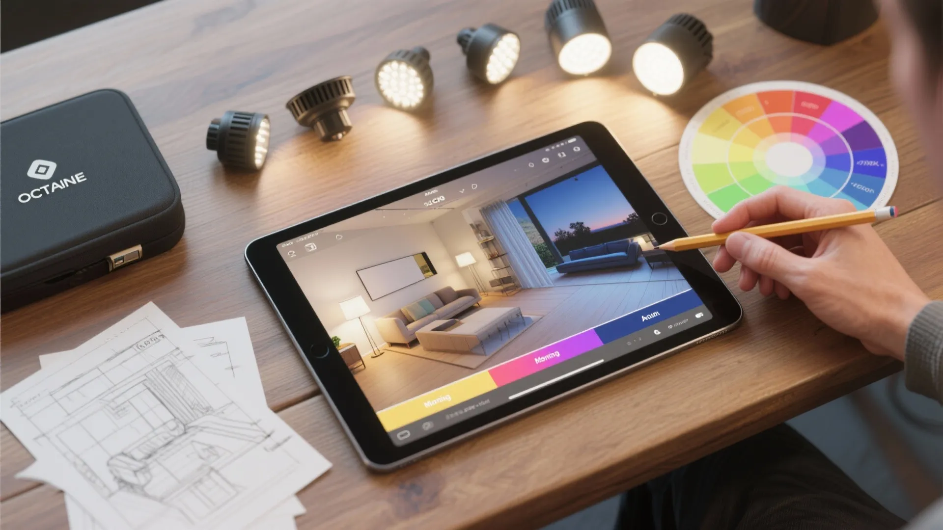 Flatlay of a lighting planning kit with a 3D floor planner, color temperature swatches, and fixture samples.