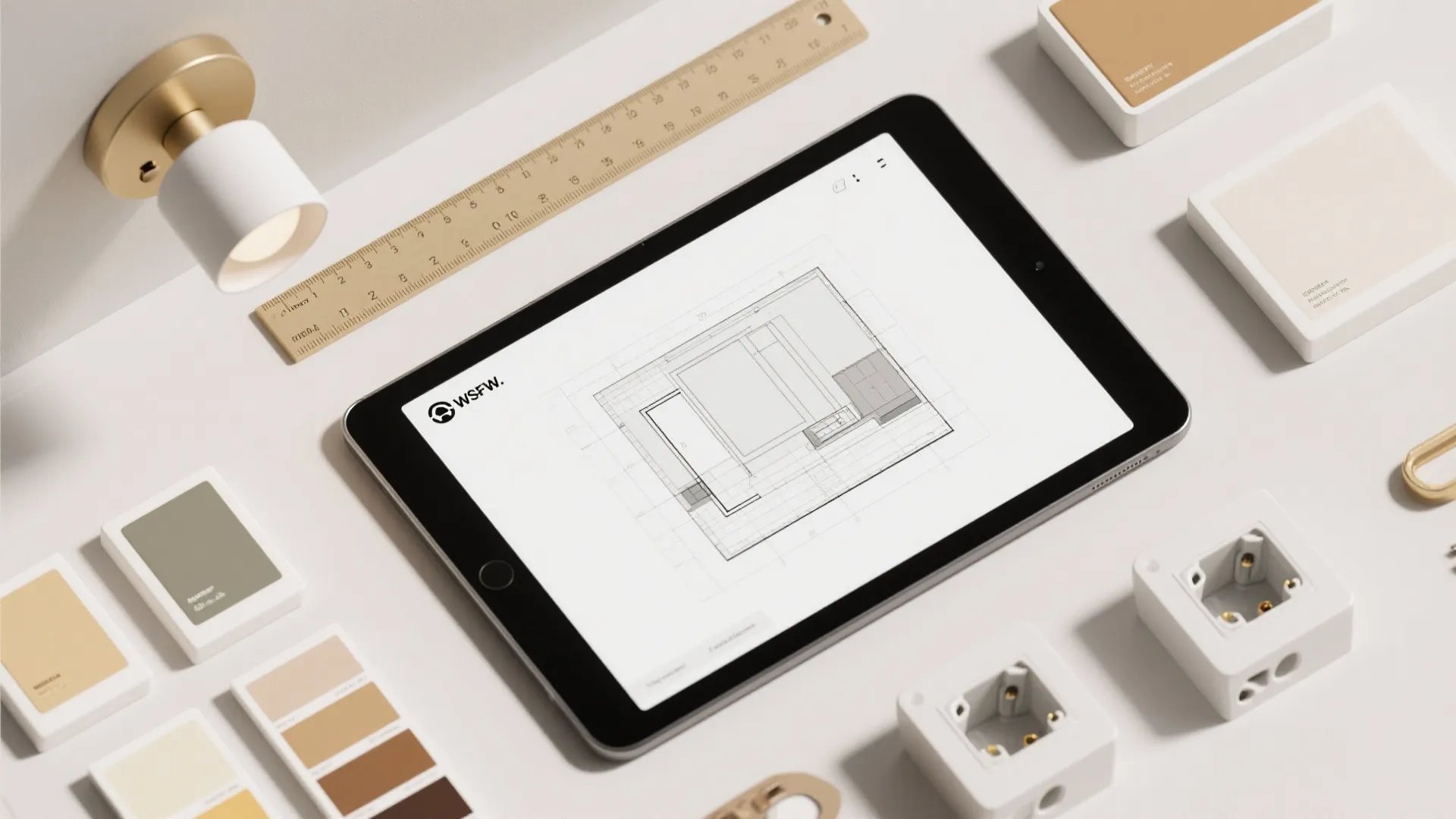 Tablet showing room layout drawing surrounded by color swatches wall light ruler and power sockets