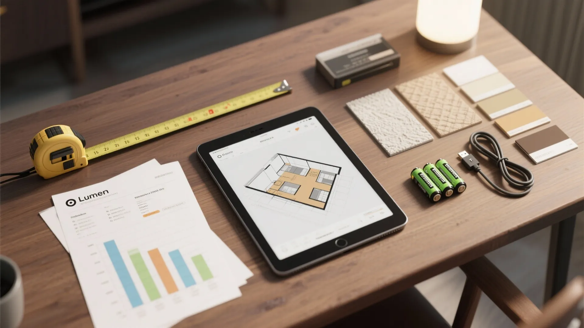 Interior design drawing on a tablet with measuring tape and material samples on a wood desk