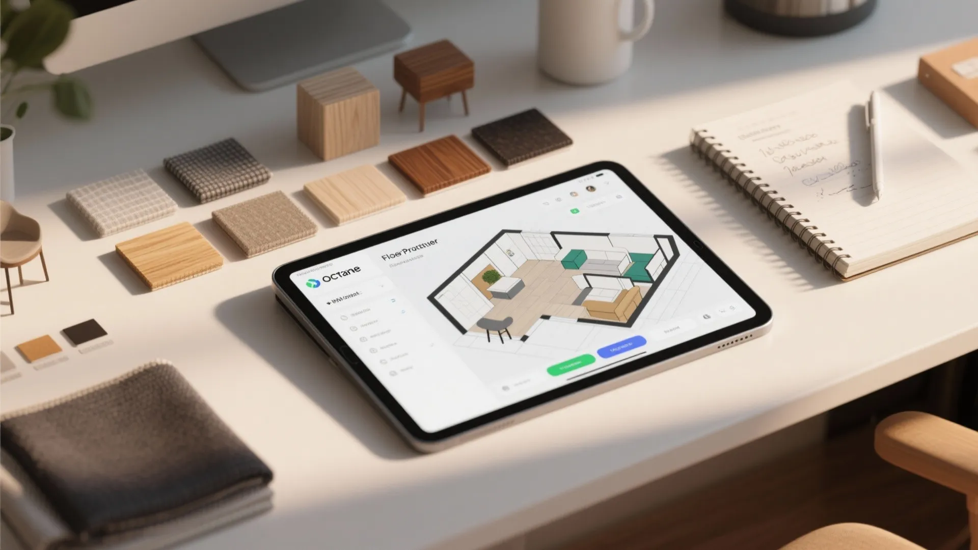 Tablet showing 3D room layout on a desk with wood swatches, fabric samples, and notebook