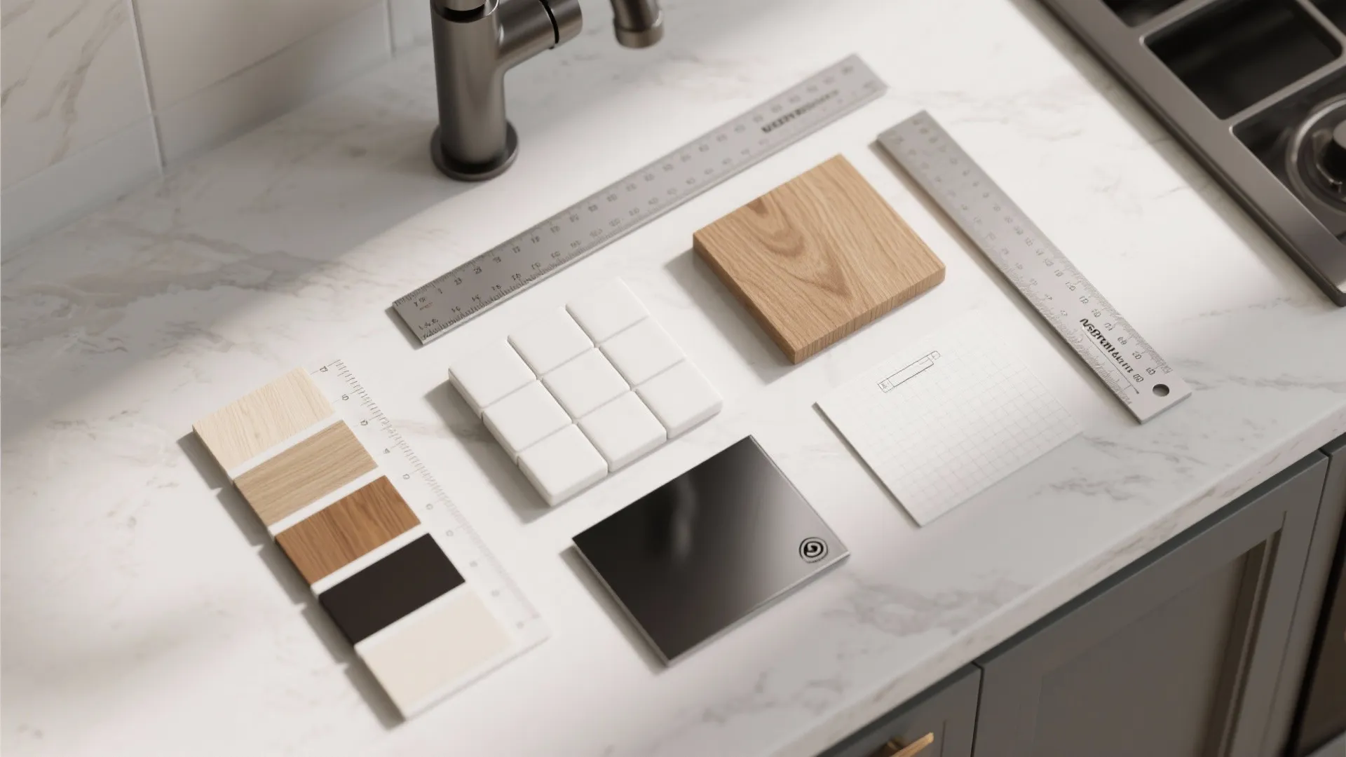 Selection of wood samples white tiles metal rulers and grid paper on a marble countertop