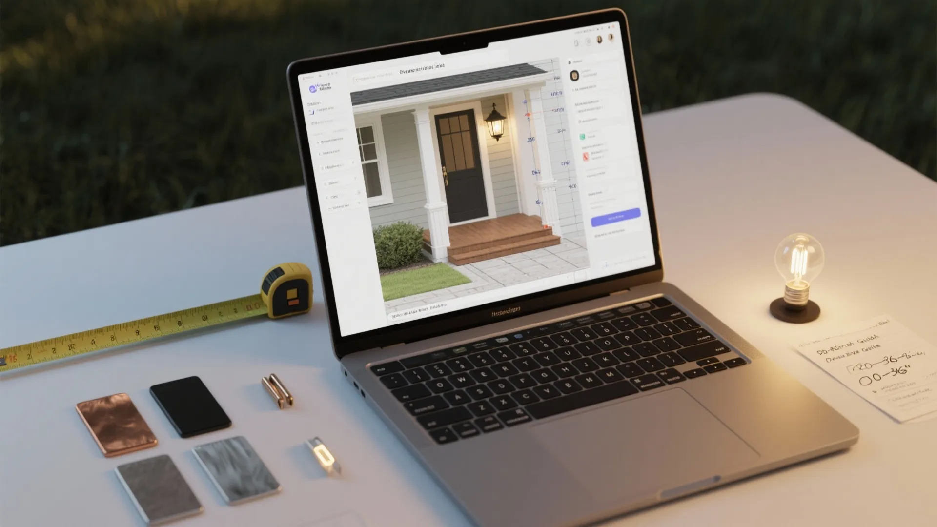 Laptop showing interior design drawing on desk with tape measure and various small color samples