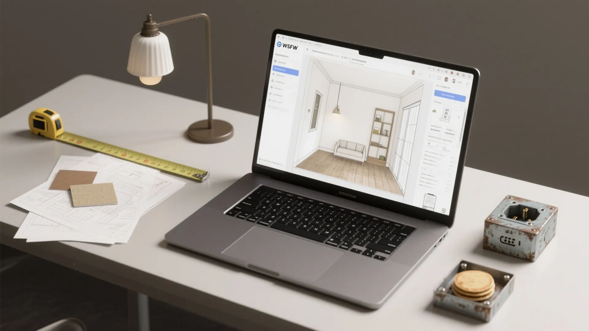 Laptop showing interior design drawing on desk with tape measure paper sketches and small lamp