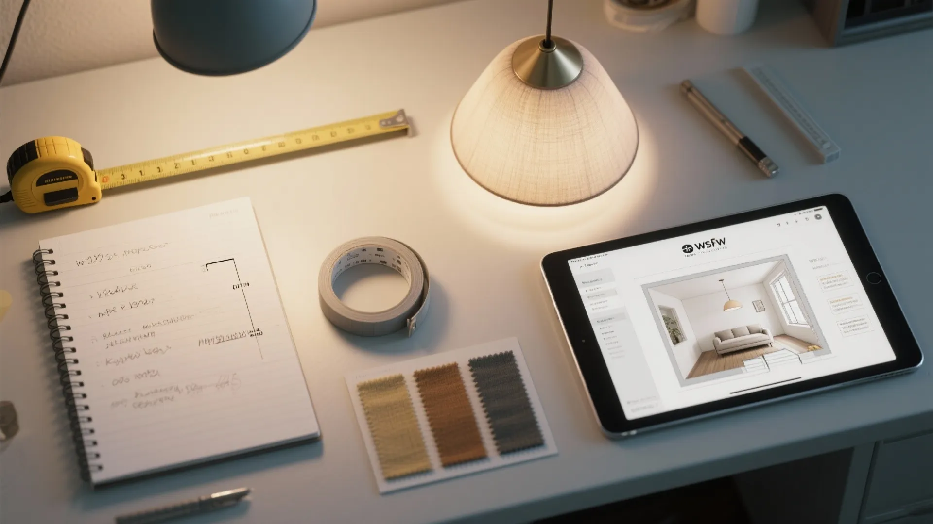 Desk with tablet showing interior design drawing next to notebook tape measure and table lamp