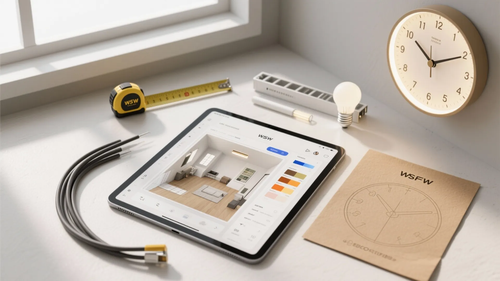 Interior design software on tablet with measuring tape light bulb and wall clock on desk