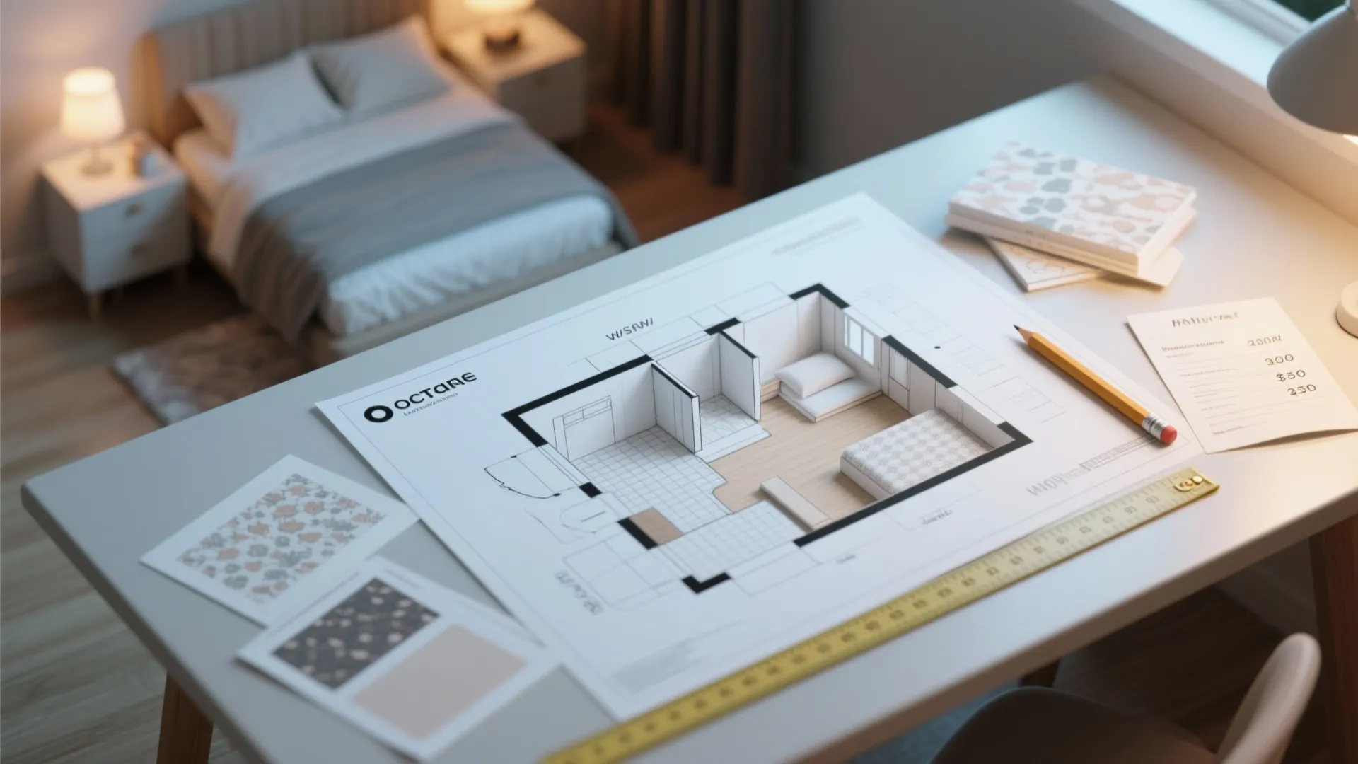 Top-down view of wallpaper samples, 3D floor planner printouts and tools for planning