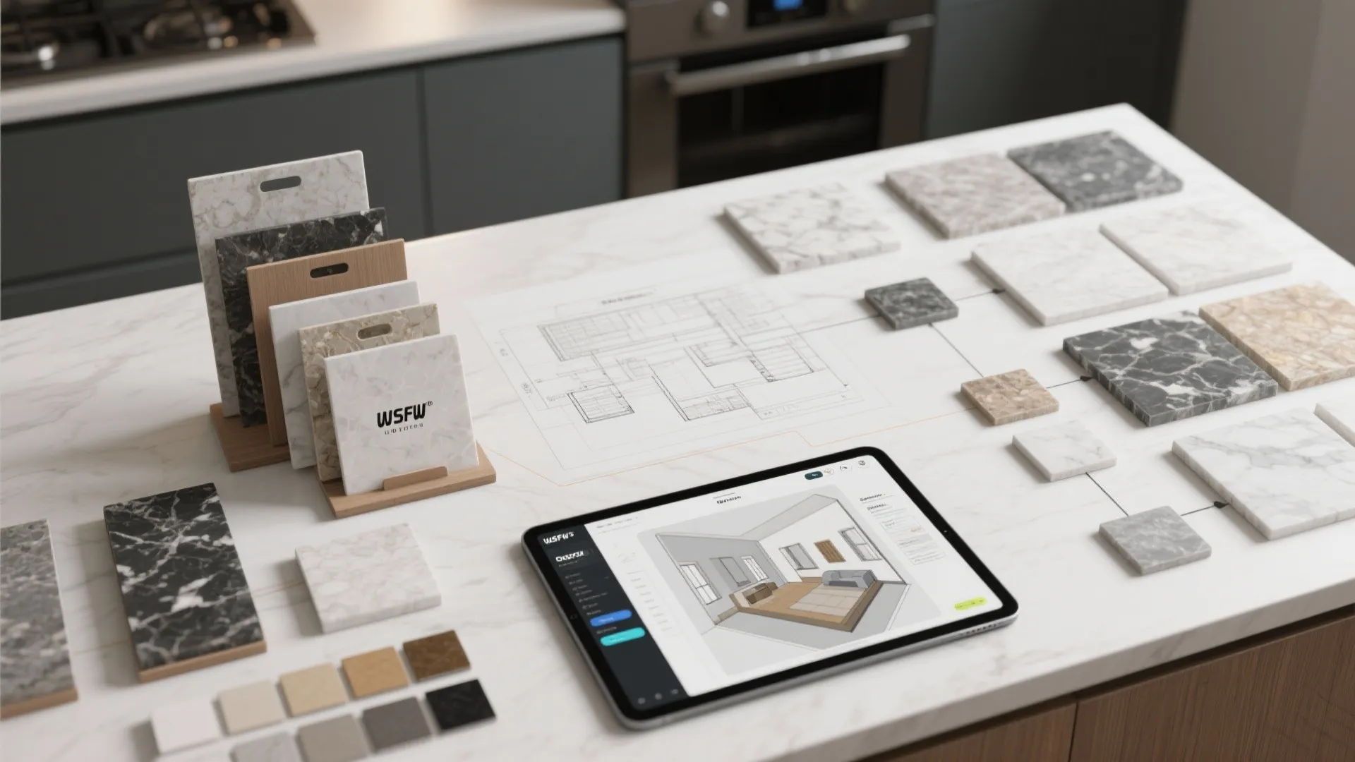 Interior design drawing with material samples and a tablet showing a 3D floor plan layout