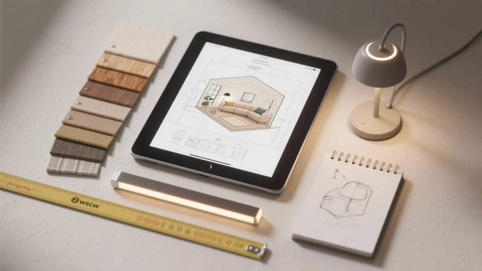 Flatlay of room planner tablet, swatches, tape measure and lamp samples for planning a reading nook
