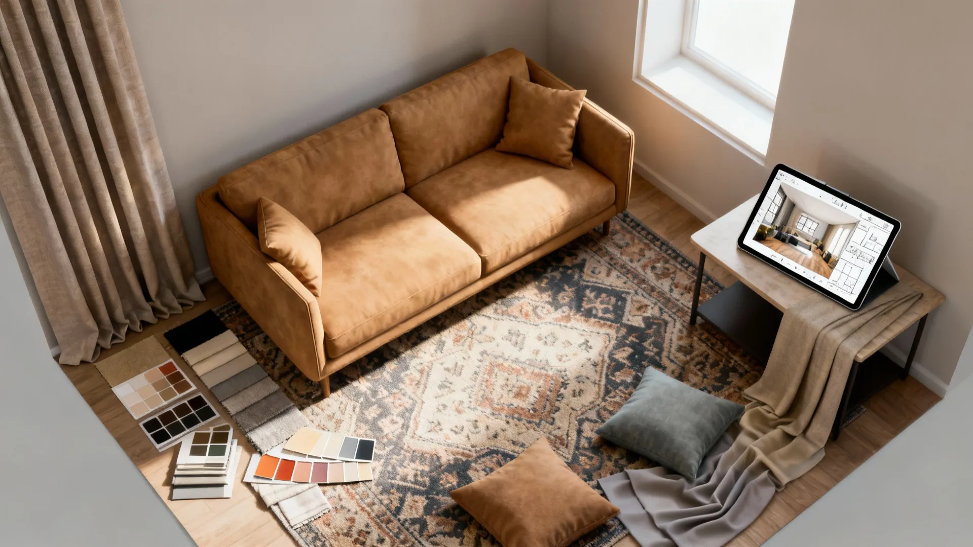 Top-down view of room planner mock-up with fabric swatches and tan sofa layout