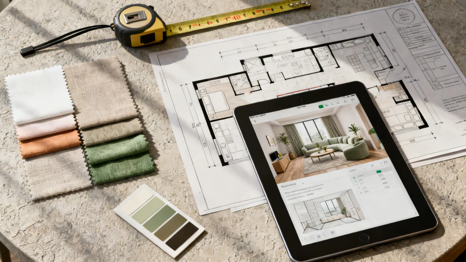 Flatlay of room planner, measuring tape, fabric swatches and color palette for small dining layout planning