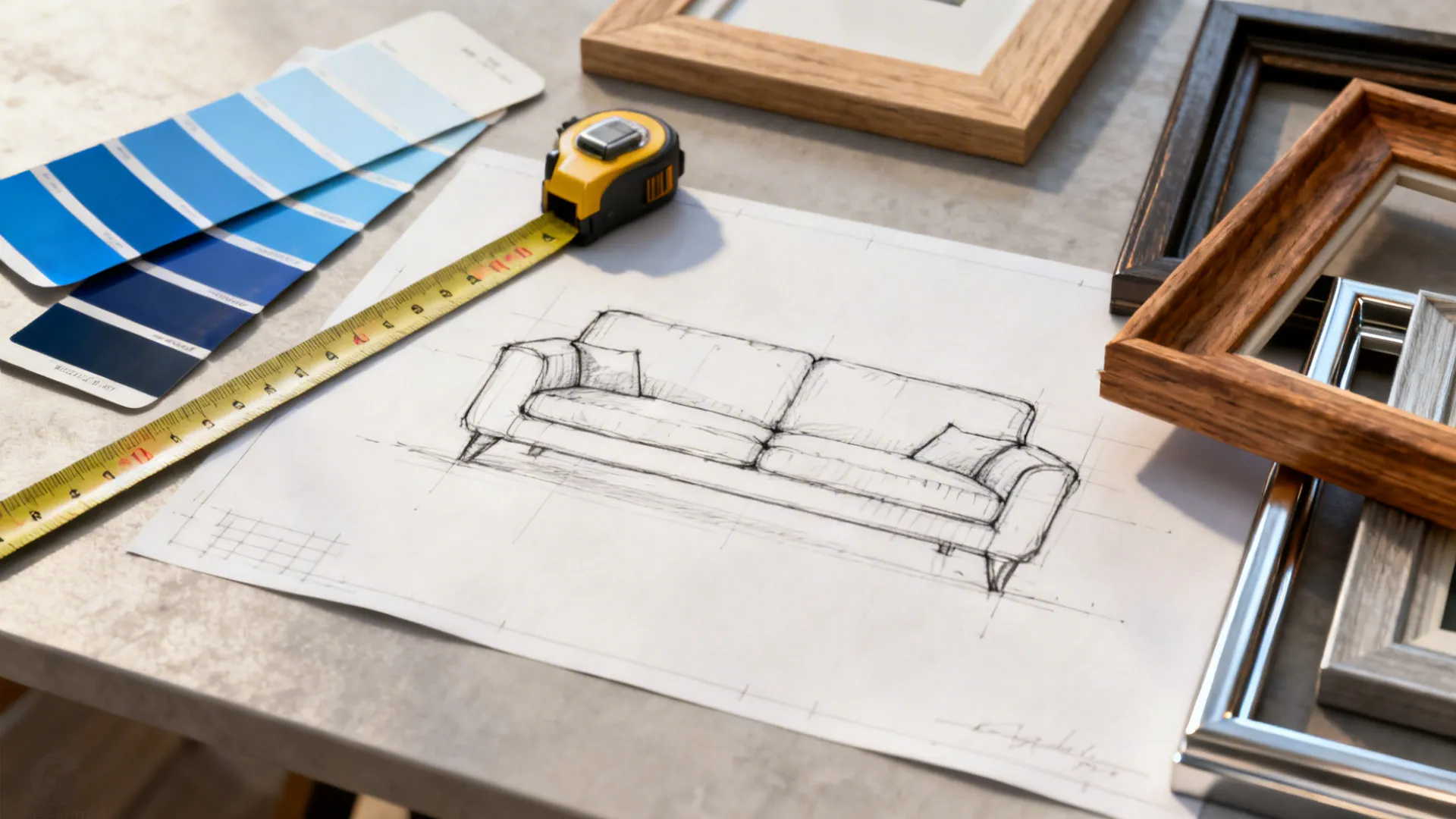 Flatlay of paint swatches, measuring tape and frame samples for planning blue wall art.