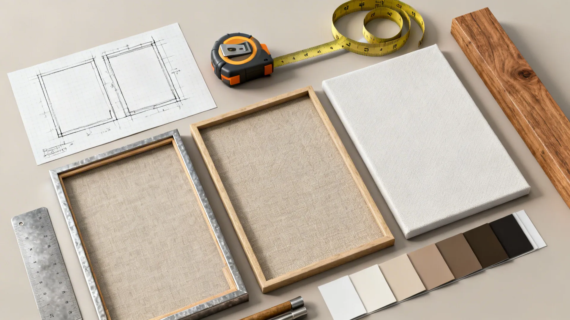 Flatlay of tools and material swatches for planning a three-panel wall art installation.