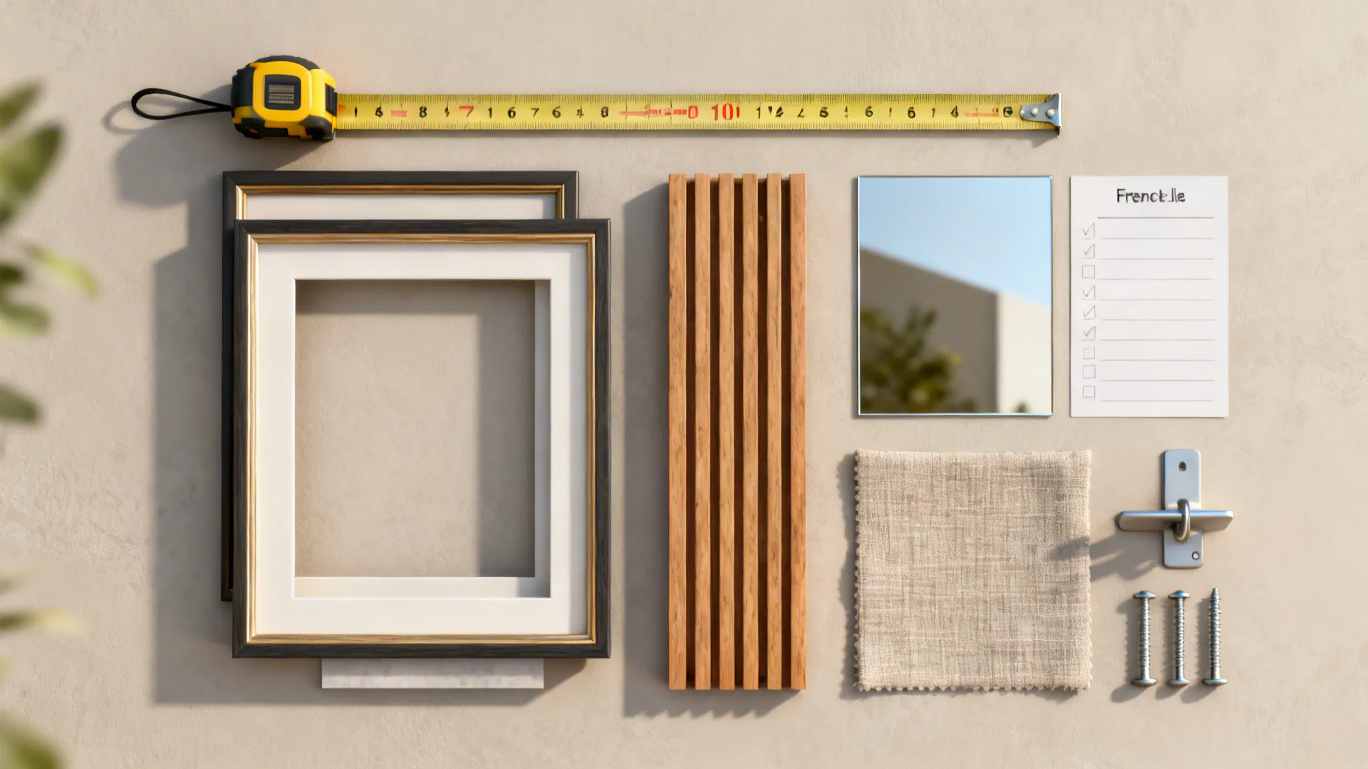 Flatlay of samples and tools for planning large wall decor including measuring tape, hardware, and material swatches