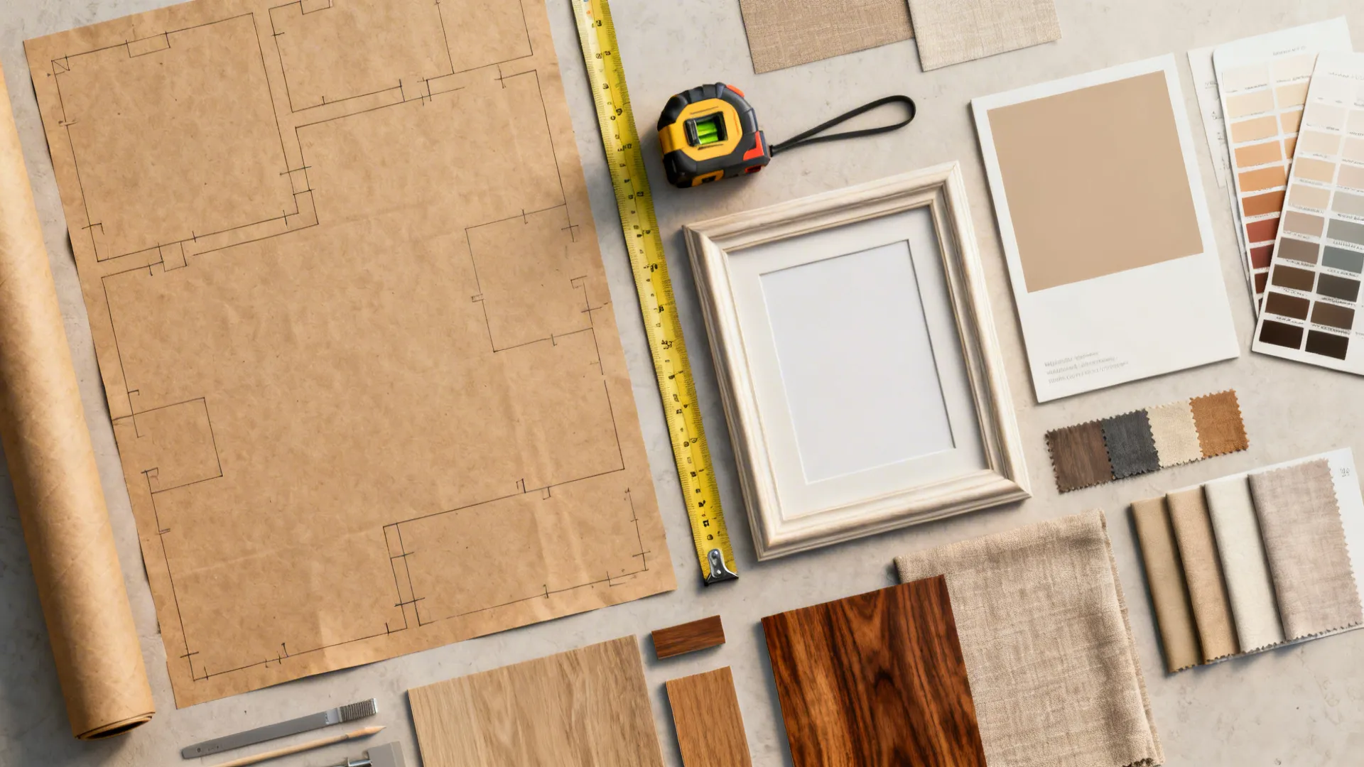 Top-down flatlay of planning tools: kraft paper templates, laser level, paint and material samples.