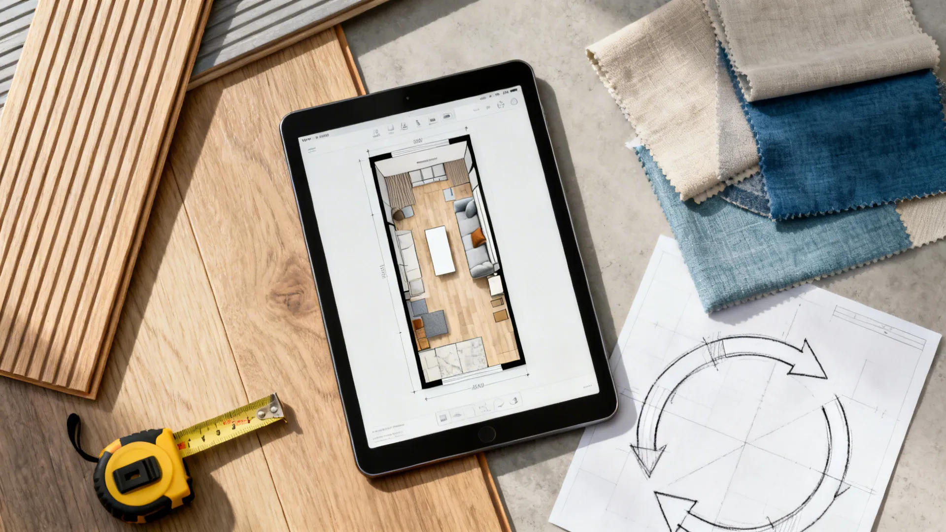 Flatlay of room planning tools, fabric swatches, and floor samples for testing narrow room layouts.