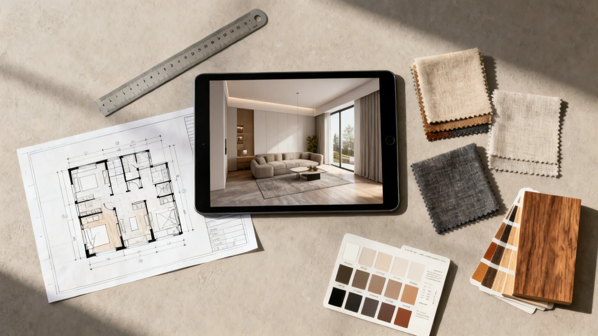 Flatlay of floor plan sketch, tablet 3D mockup, fabric swatches and material samples for small room planning