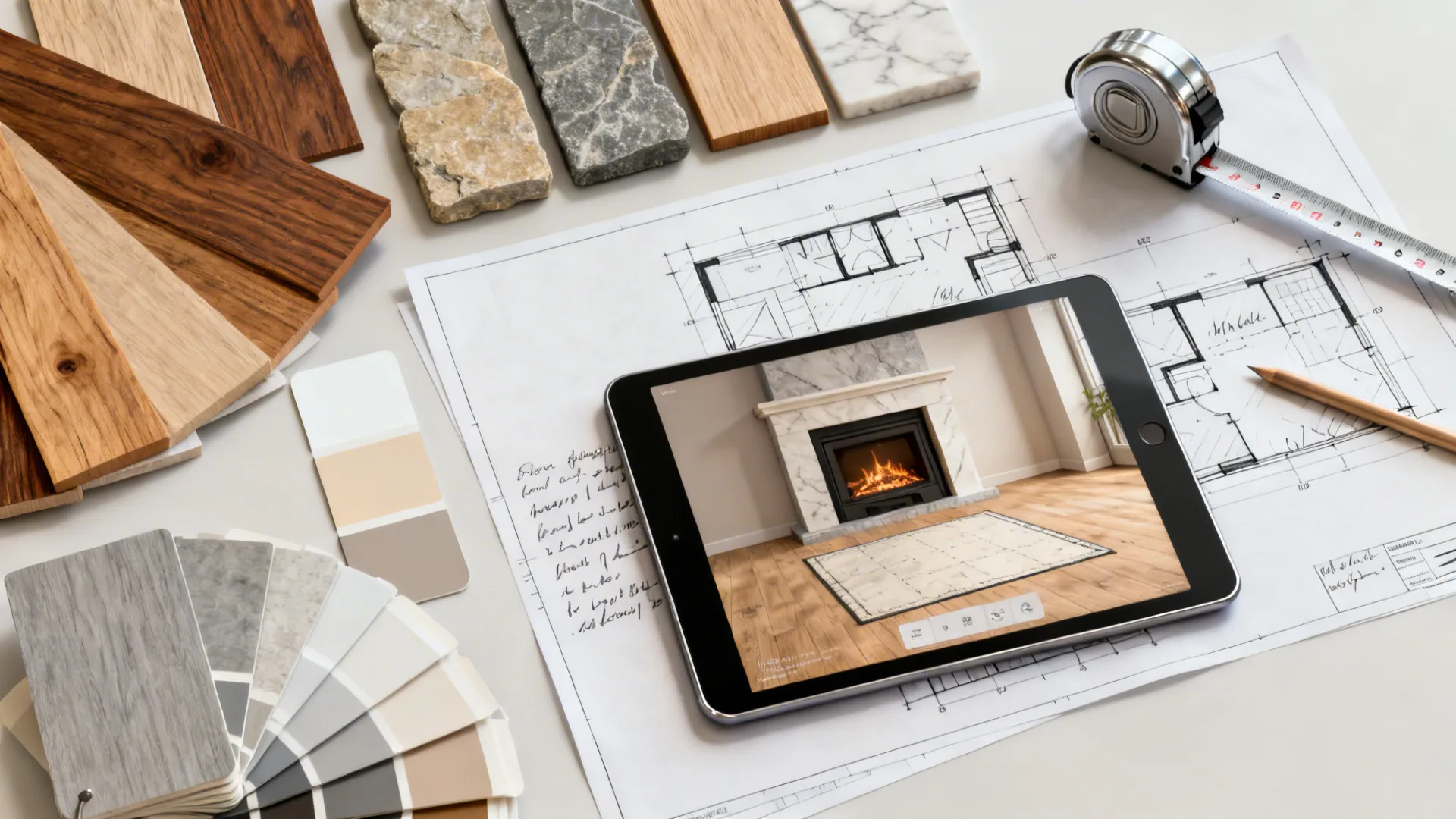 Flatlay of material swatches, measuring tape and a tablet with a 3D floor planner for fireplace planning
