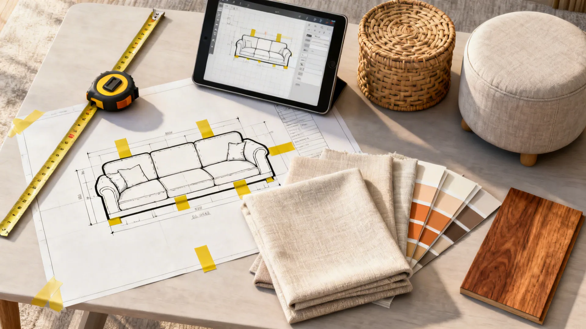 Flatlay of measuring tools, fabric swatches, and a tablet with a 3D room planner for sofa layout testing.