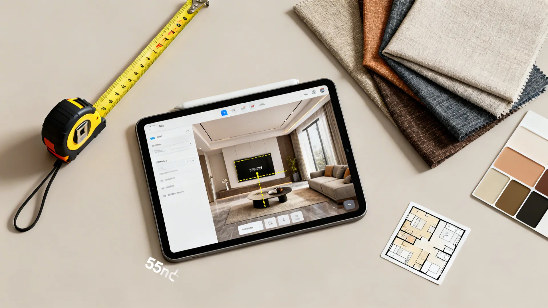 Top-down flatlay of measuring tape, tablet with 3D room planner, paint chips and floorplan for TV placement planning.