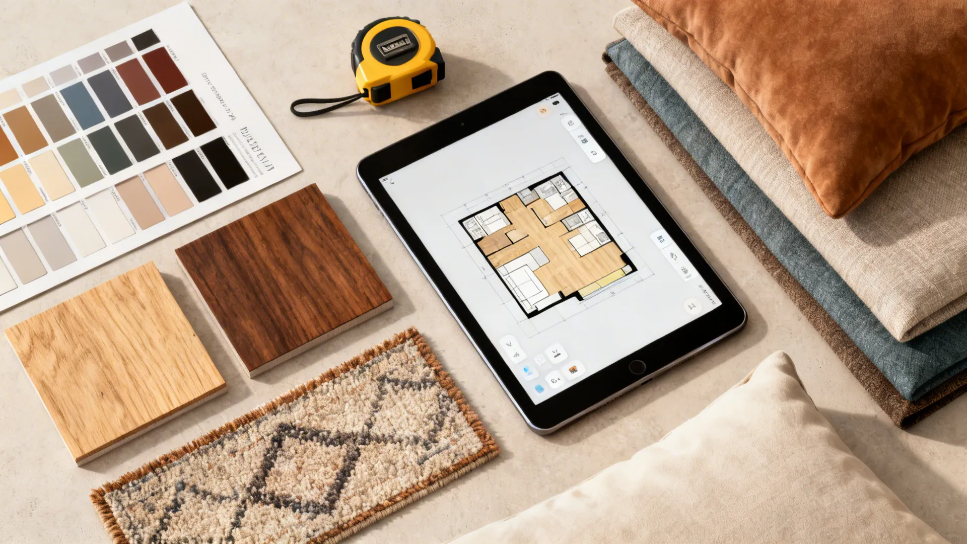 Flatlay of color swatches, rug sample and a tablet with a floor planner app