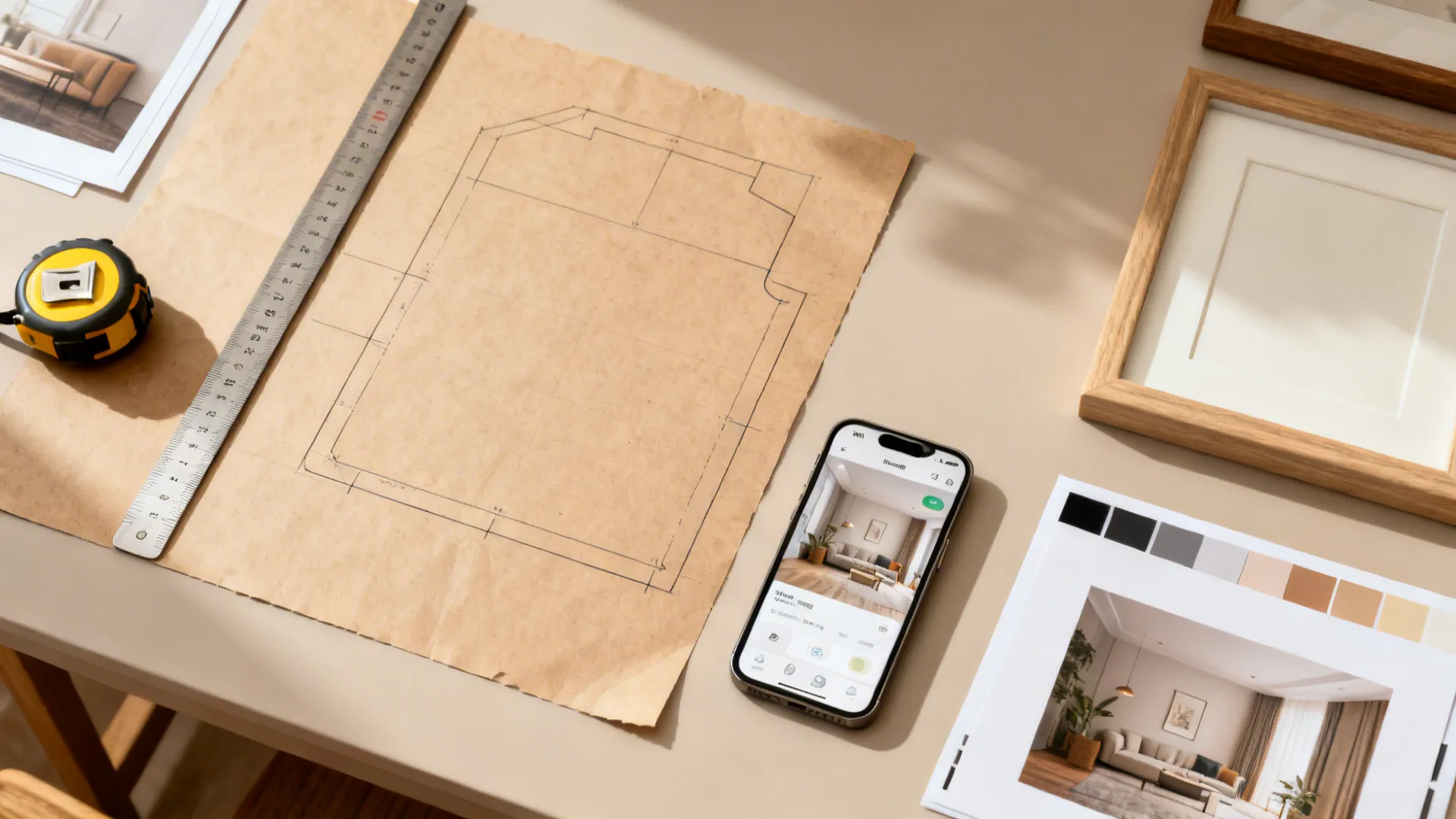 Top-down flatlay of art-planning tools: craft paper templates, measuring tape and frame samples.