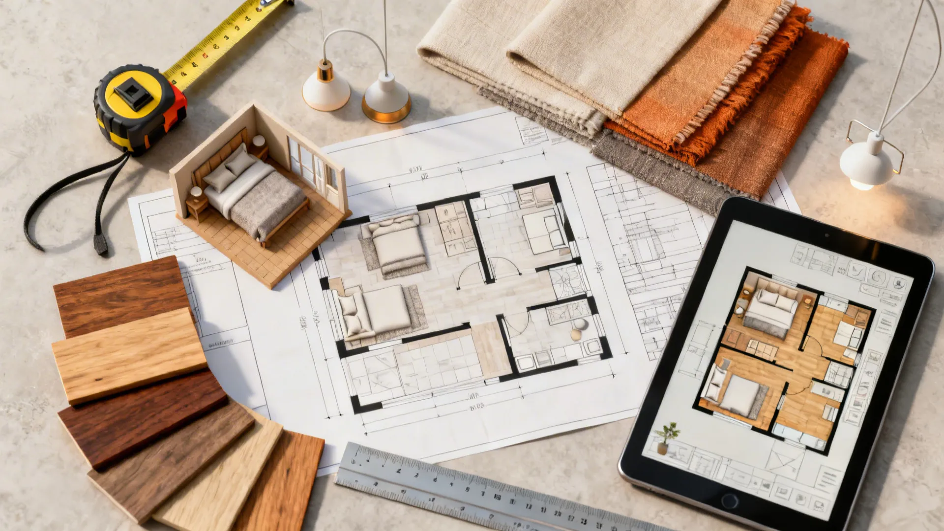 Flatlay of planning tools, fabric swatches and a tablet with a 3D floor planner