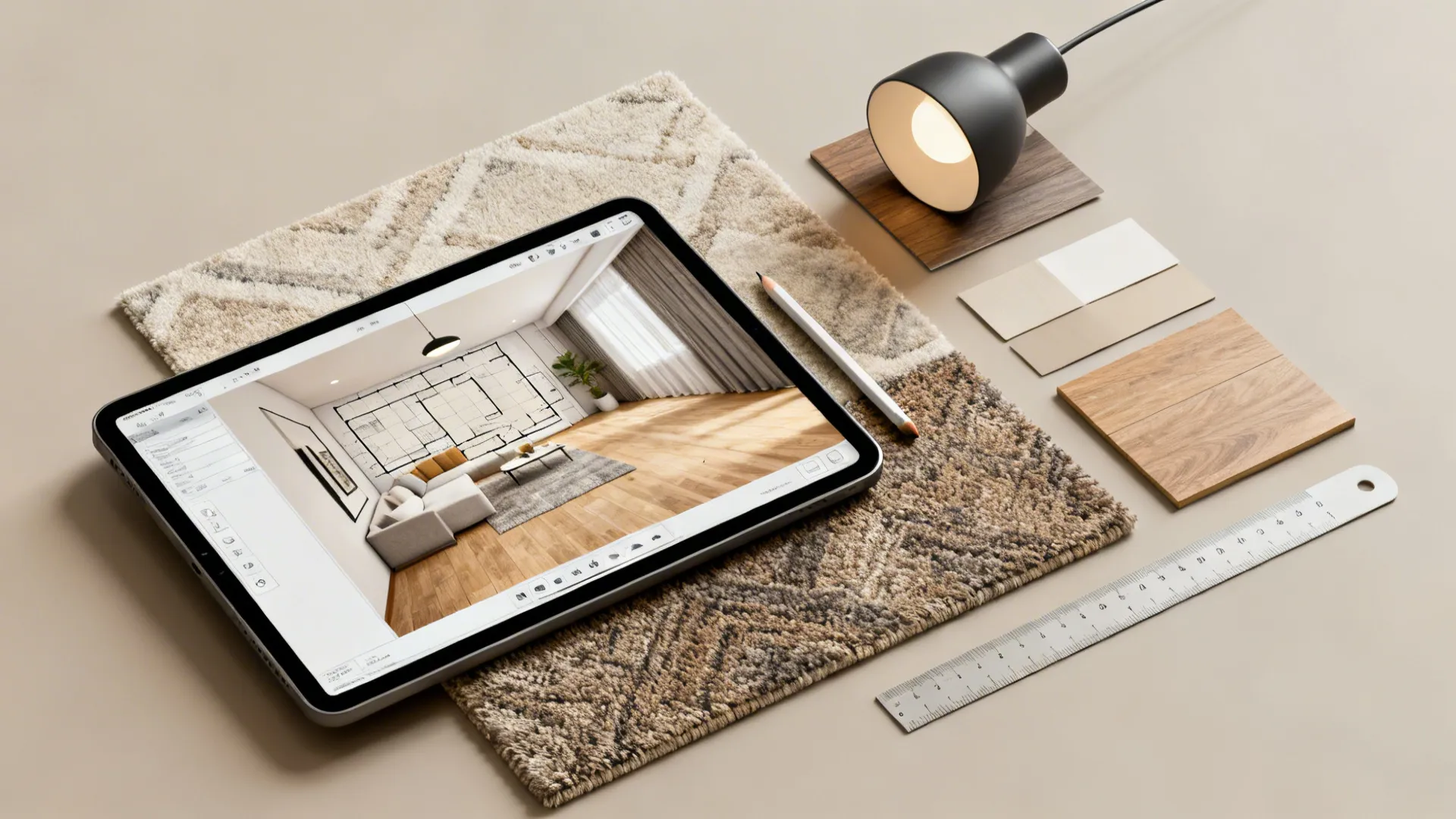 Flatlay of a tablet with 3D floor planner, material swatches and planning tools