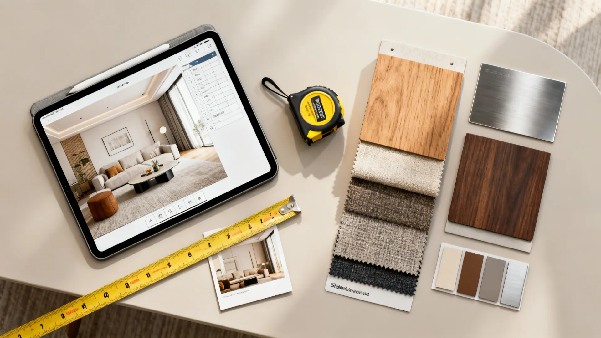 Flatlay of a tablet room planner, measuring tape, and material swatches for choosing coffee table solutions.