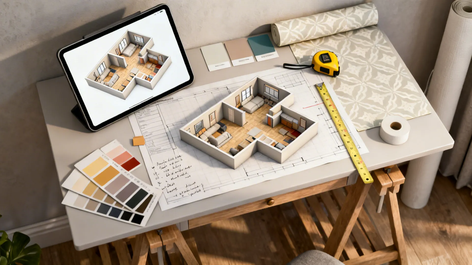 Desk with tablet showing 3D floor plan, paint chips and peel-and-stick samples for renter-friendly testing.