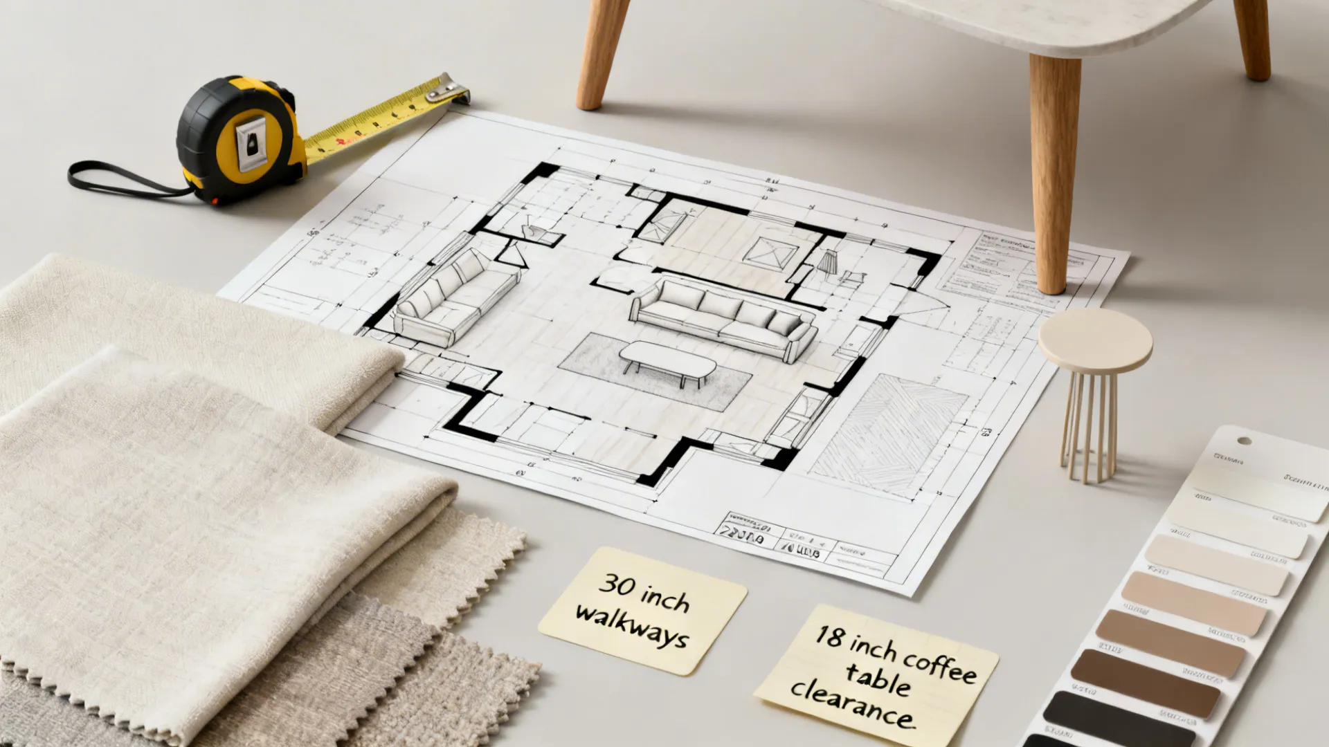 Flatlay of planning tools, fabric swatches, and scale notes for small living room layouts