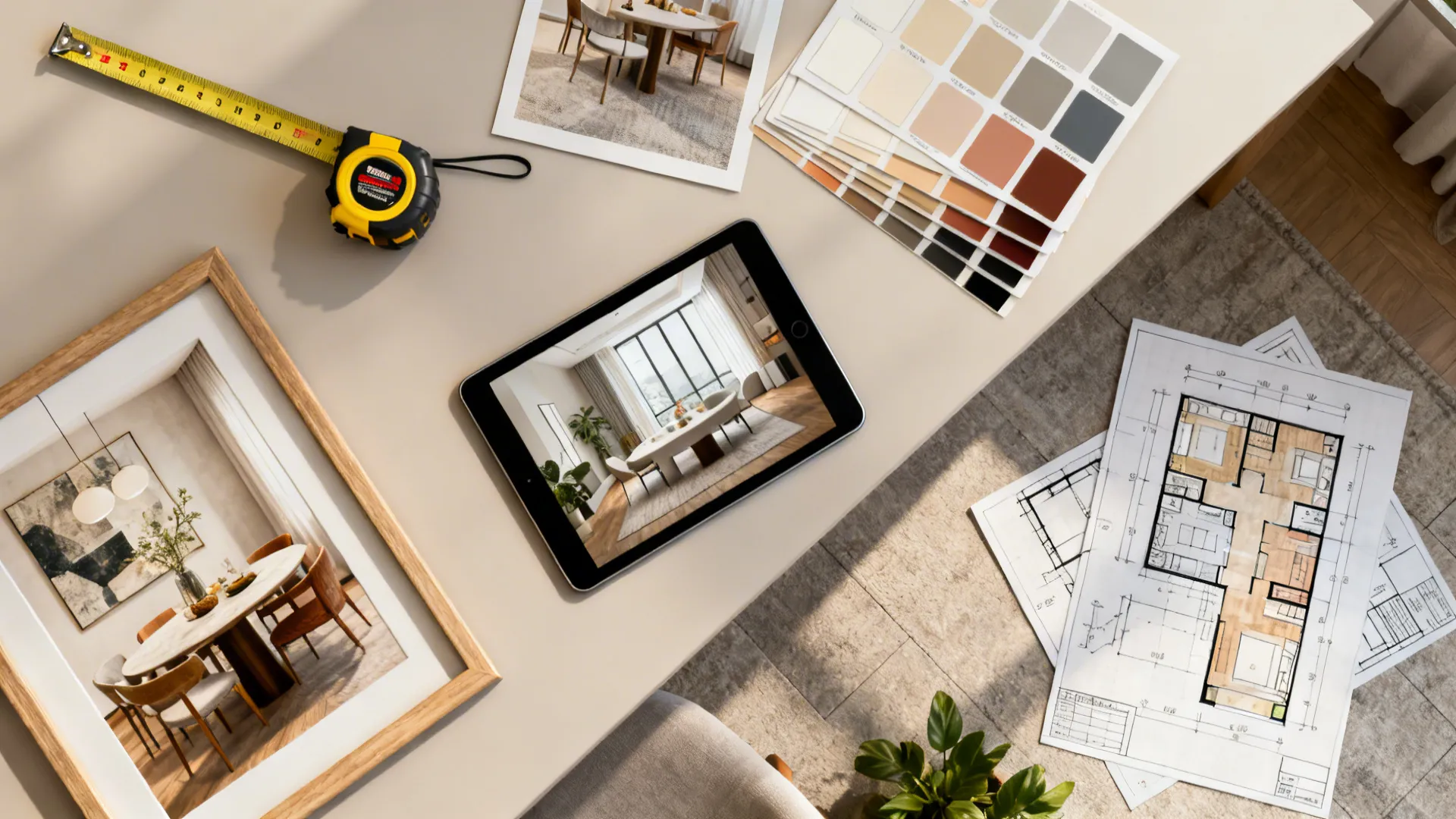 Flatlay of tools for planning dining room art placement including tablet with 3D planner.