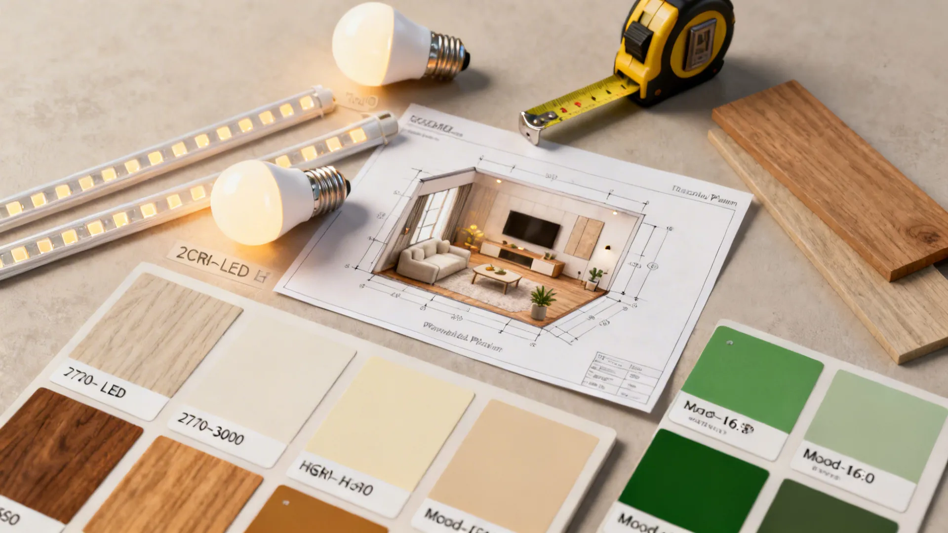 Flatlay of lighting samples and a small room planner for testing lamp positions and sightlines.