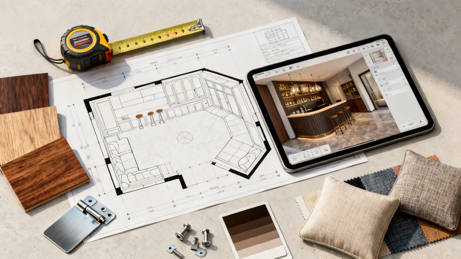 Interior design drawing with tablet showing room layout plus wood samples and a measuring tape