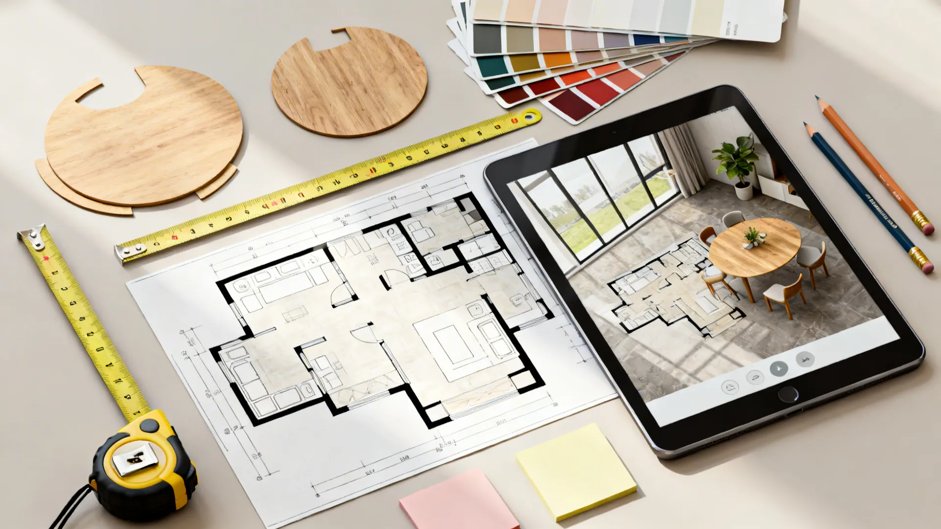 Flatlay of a planning kit with floorplan, tape measure, furniture cutouts and a tablet showing a 3D planner