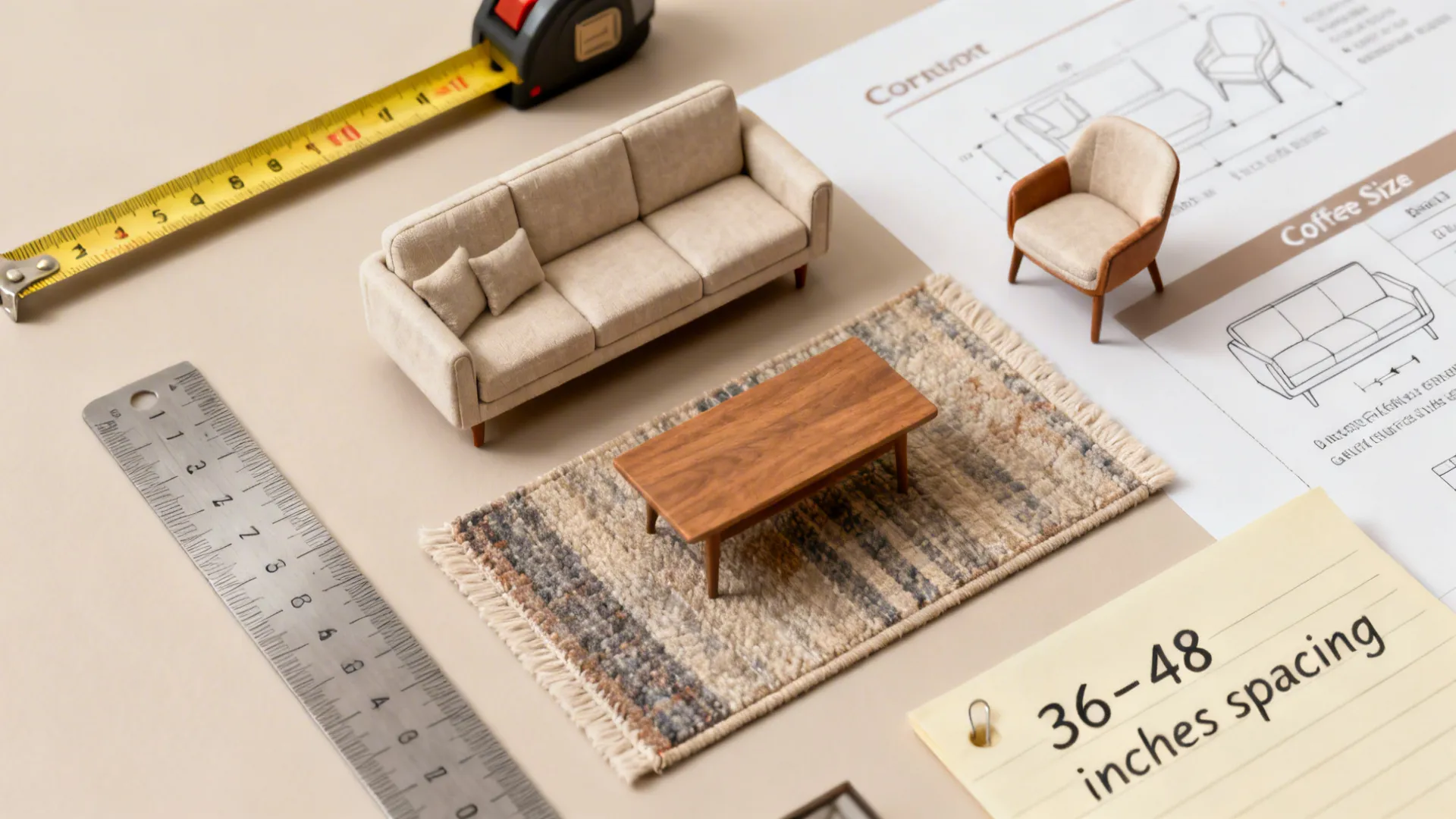 Top-down layout of planning tools: measuring tape, rug sample, miniature furniture showing spacing and sizing guidelines