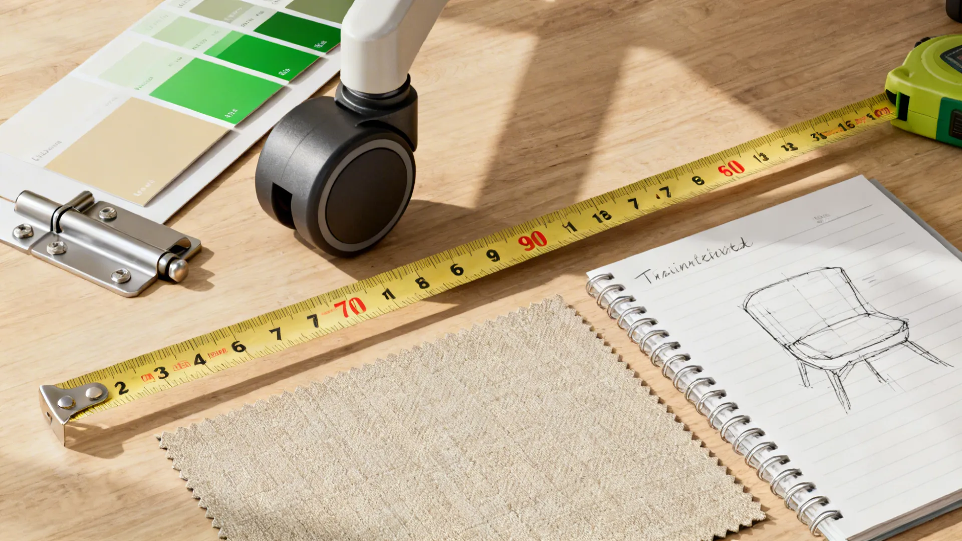 Flatlay of material swatches, a hinge sample, measuring tape and planner sketches for dining layout planning.
