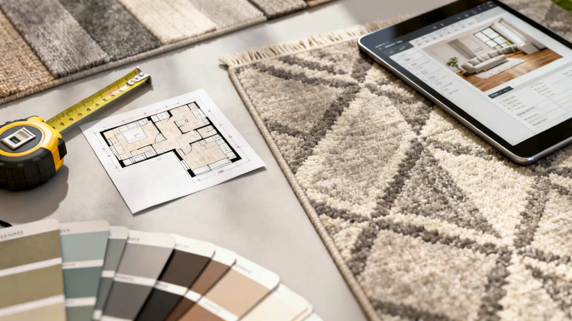 Flatlay of room planning tools including tape measure, rug swatches and a tablet with a floor planner.