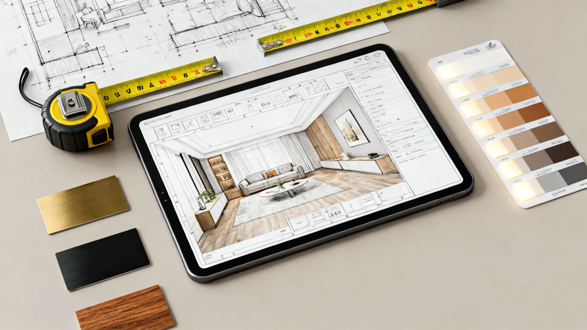Flatlay of room planner on a tablet with tape measure and finish samples for lighting layout planning