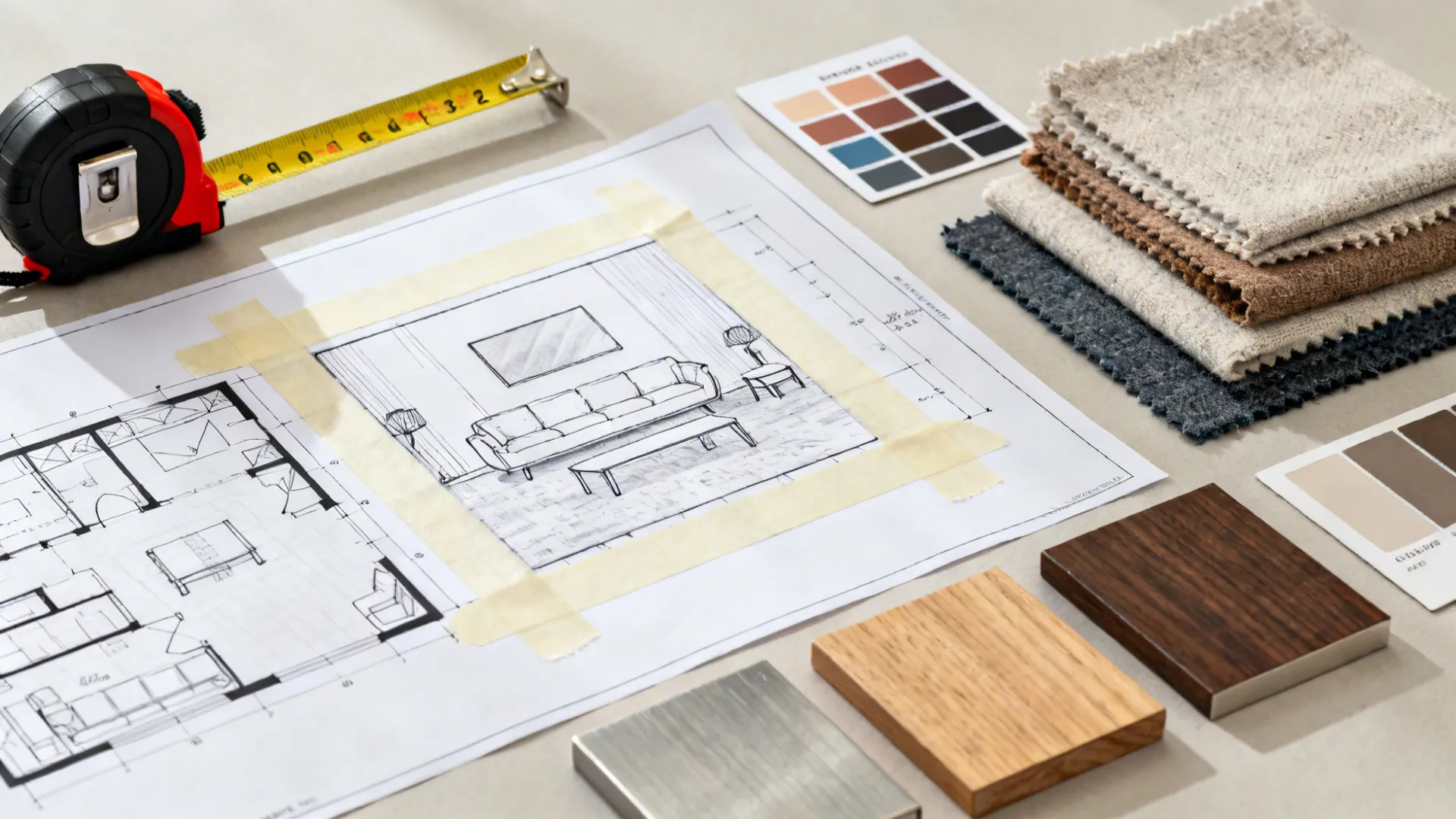 Flatlay of measuring tape, floor plan sketch, fabric swatches and finish samples for room planning.