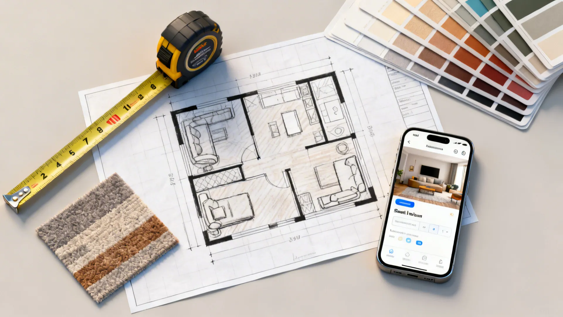 Top-down flatlay of measures, sketches, and color swatches used for quick small-room planning.