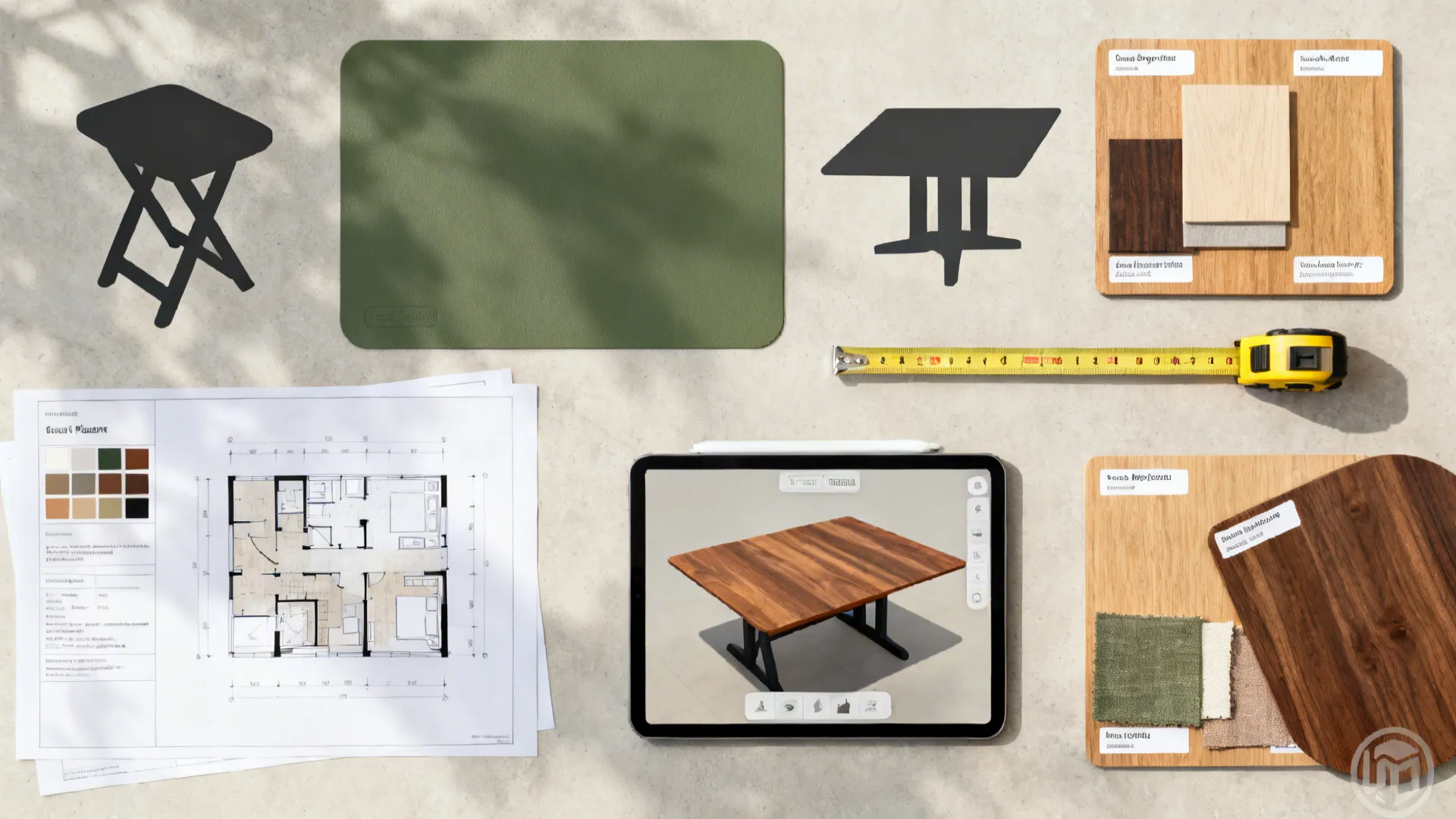 Interior design flat lay with floor plan, tablet showing 3D table, and wood material samples