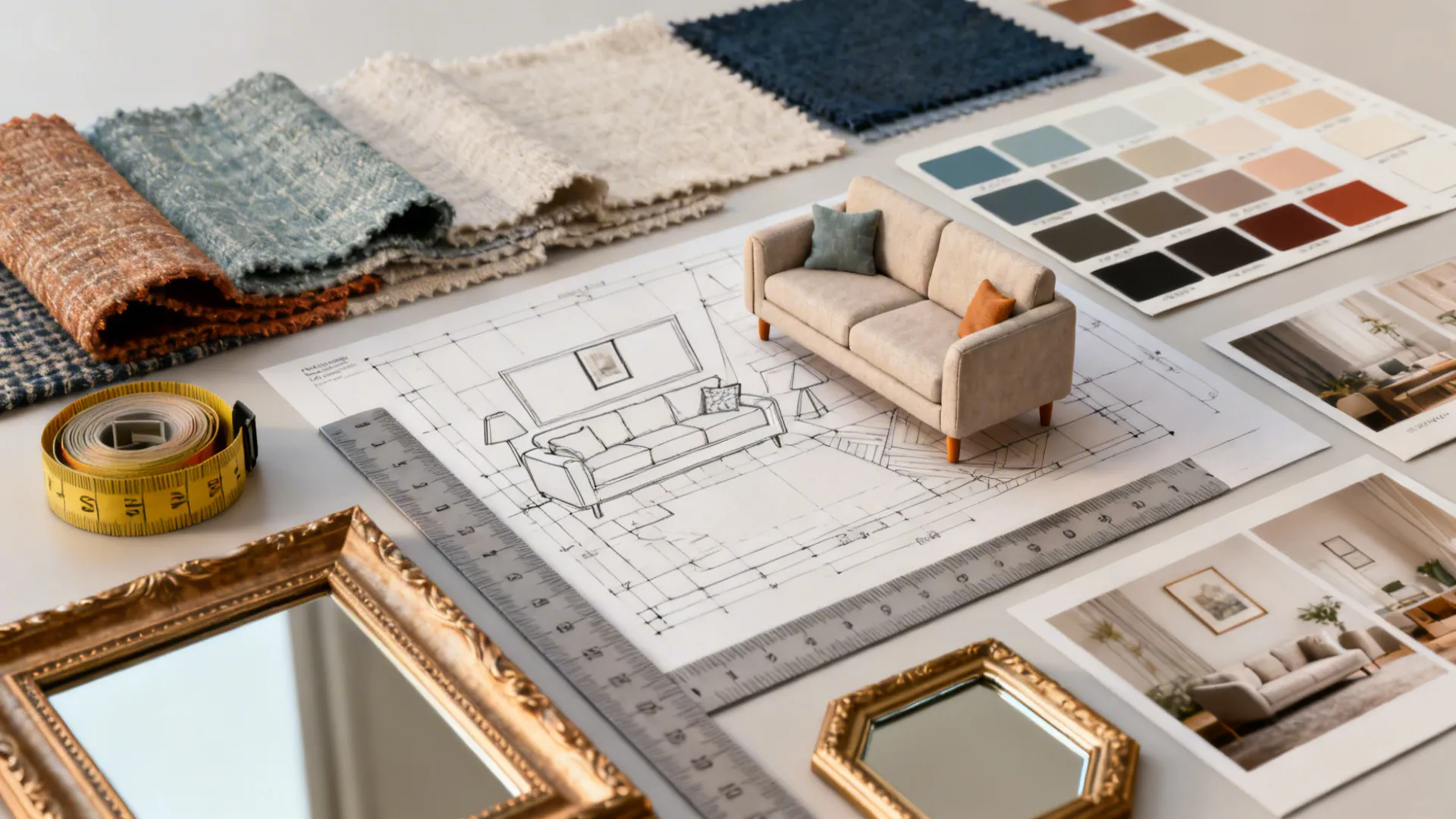 Flatlay of planning materials: swatches, measuring tape and miniature sofa for wall art layout planning.