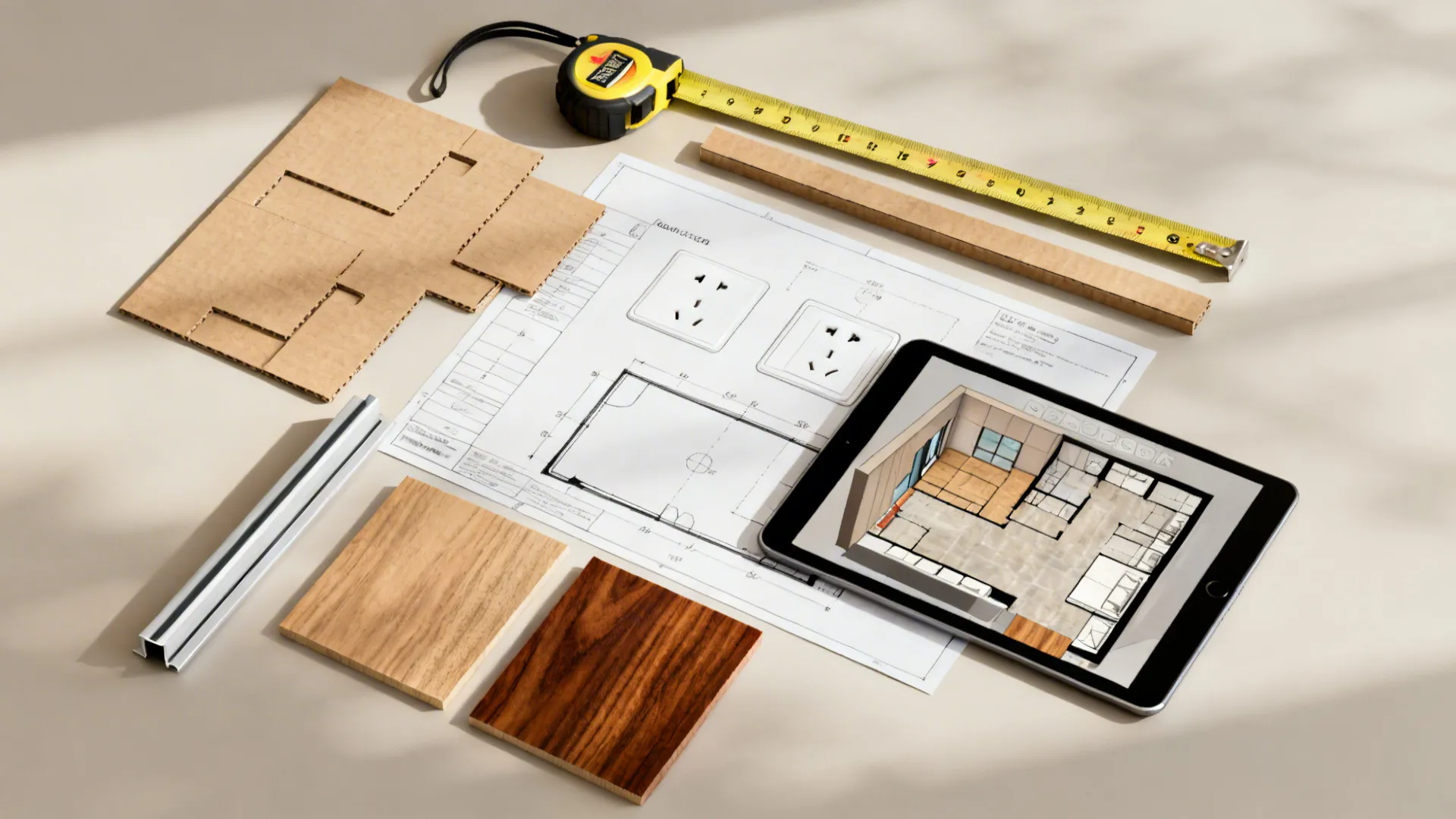Top-down flatlay of measuring tools, cardboard mockups, and material swatches for planning a corner TV install.