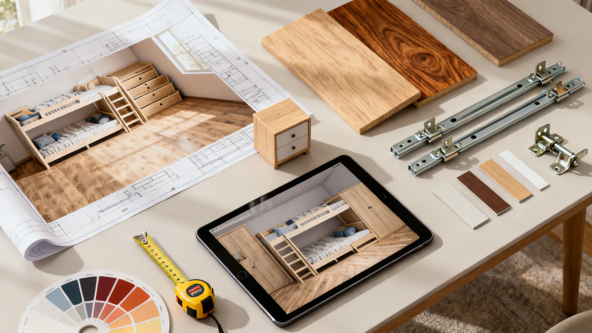 Flatlay of floor mockup, tablet with 3D render, wood samples and hardware for bunk-bed planning