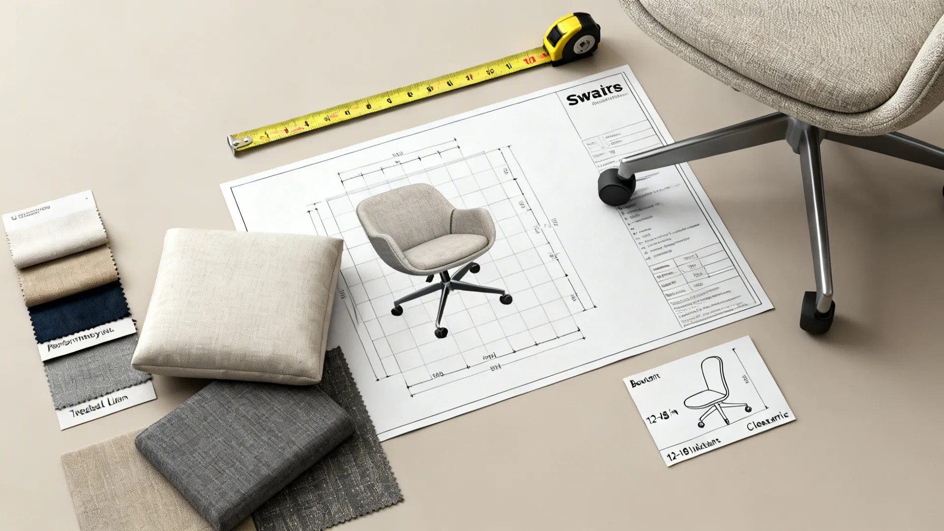 Flatlay of measuring tape, fabric swatches, cushion samples and a 3D floor planner printout for swivel chair planning.