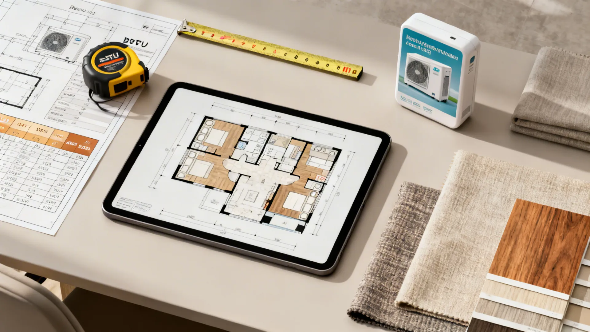 Desk flatlay with floor-plan tablet, tape measure, BTU chart and material swatches for AC placement planning.