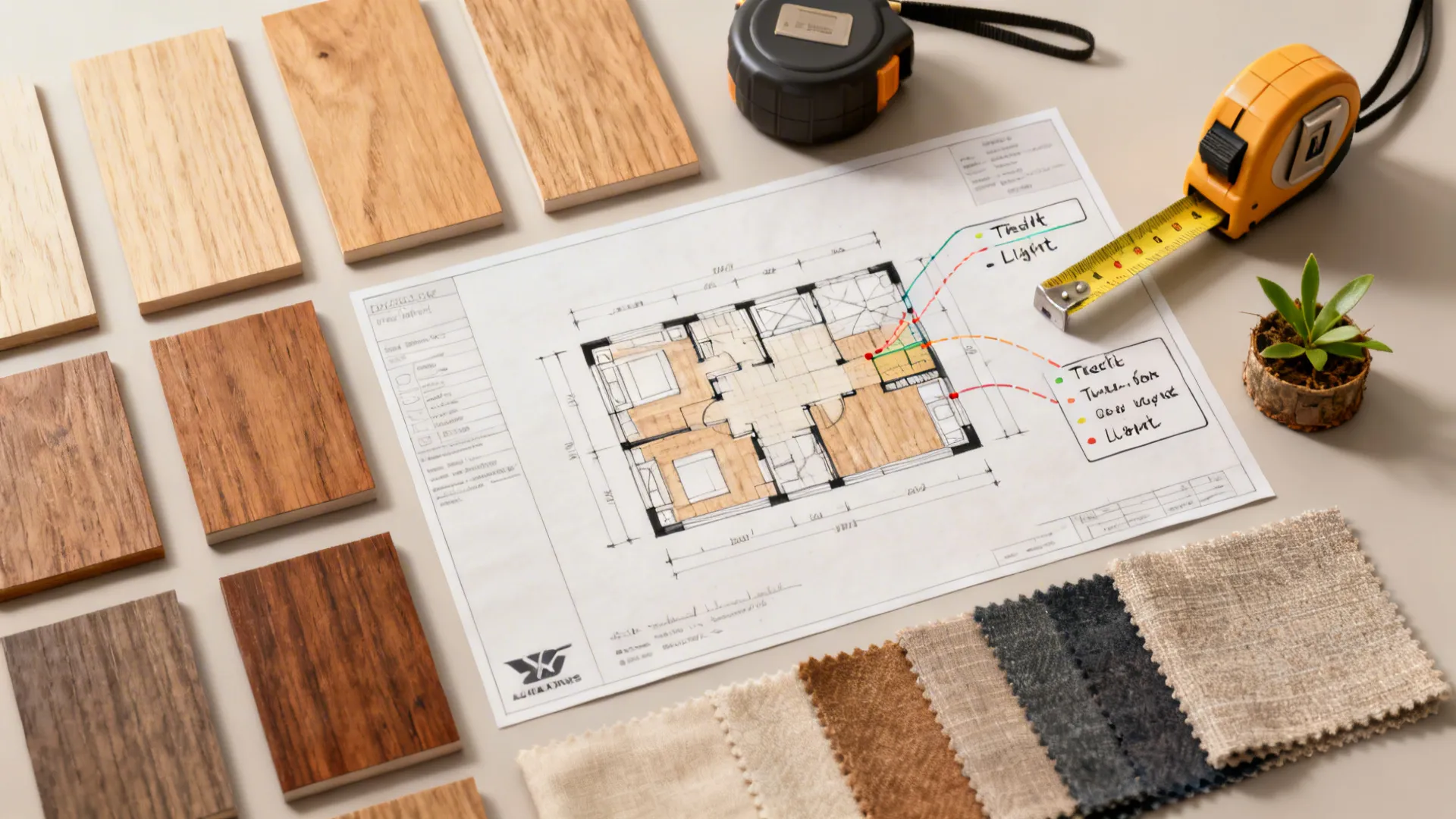Flatlay of color swatches, floorplan sketch and fabric samples for planning studio zones