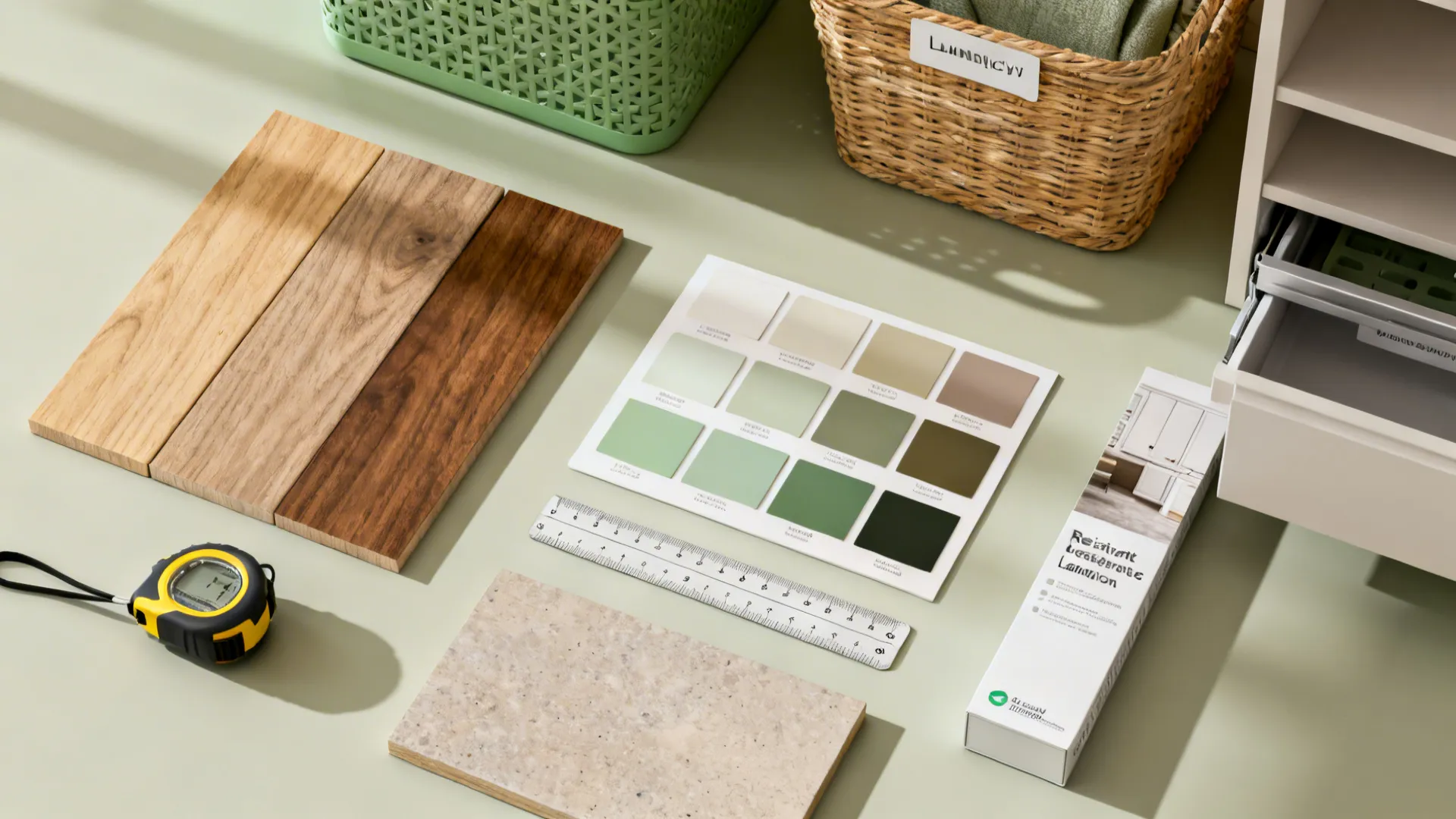 Top-down flatlay of samples and tools for planning small laundry room shelves and finishes