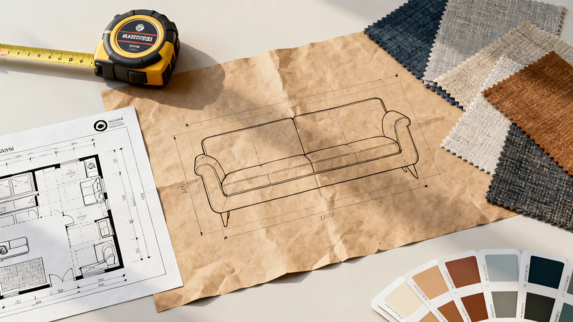 Flatlay of floor planner, tape measure and fabric swatches for small-space planning
