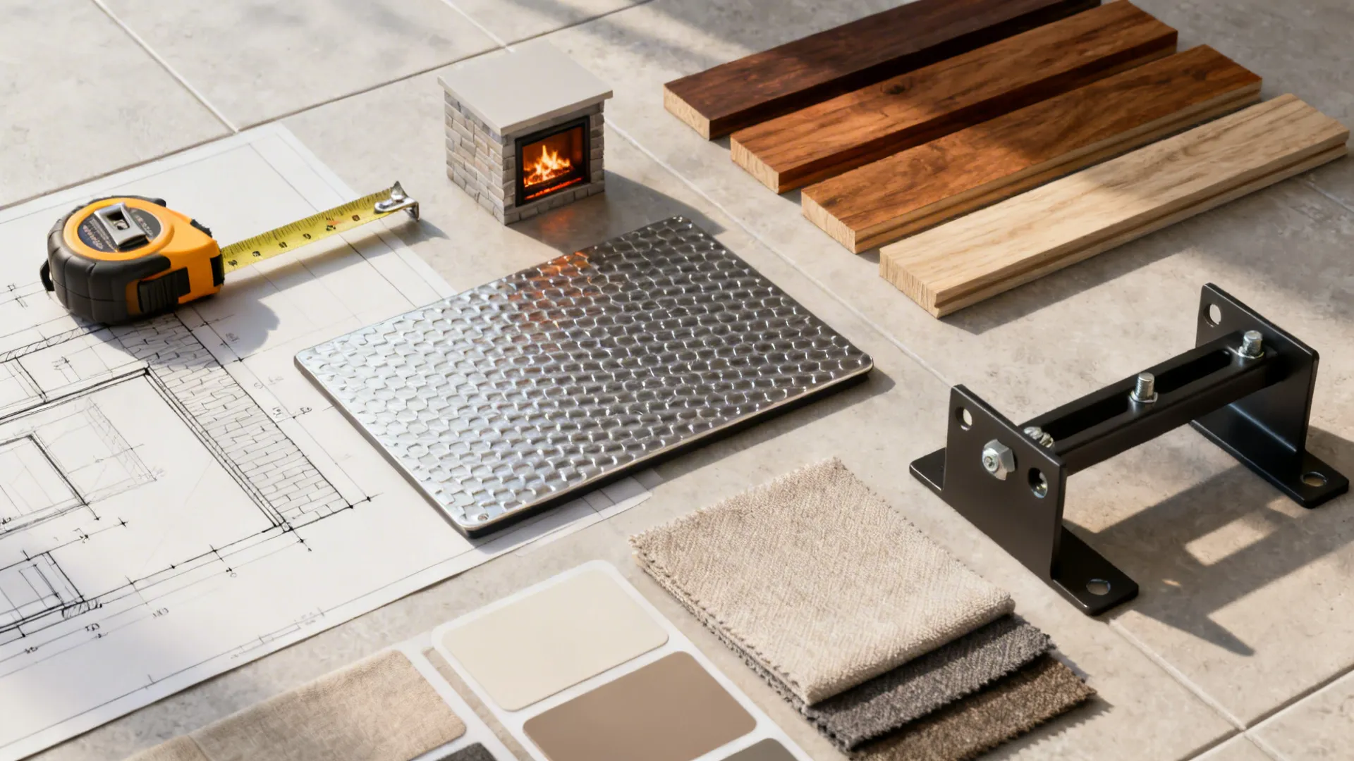 Interior design planning flatlay with floor plan sketches wood samples fabric swatches and measuring tape